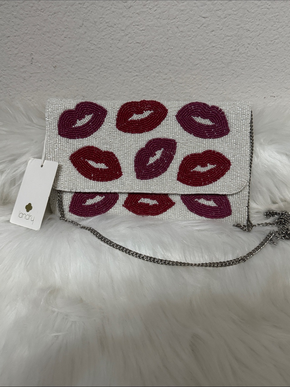 Landry White Beaded Lip-Print Clutch with Pink & Red Lips